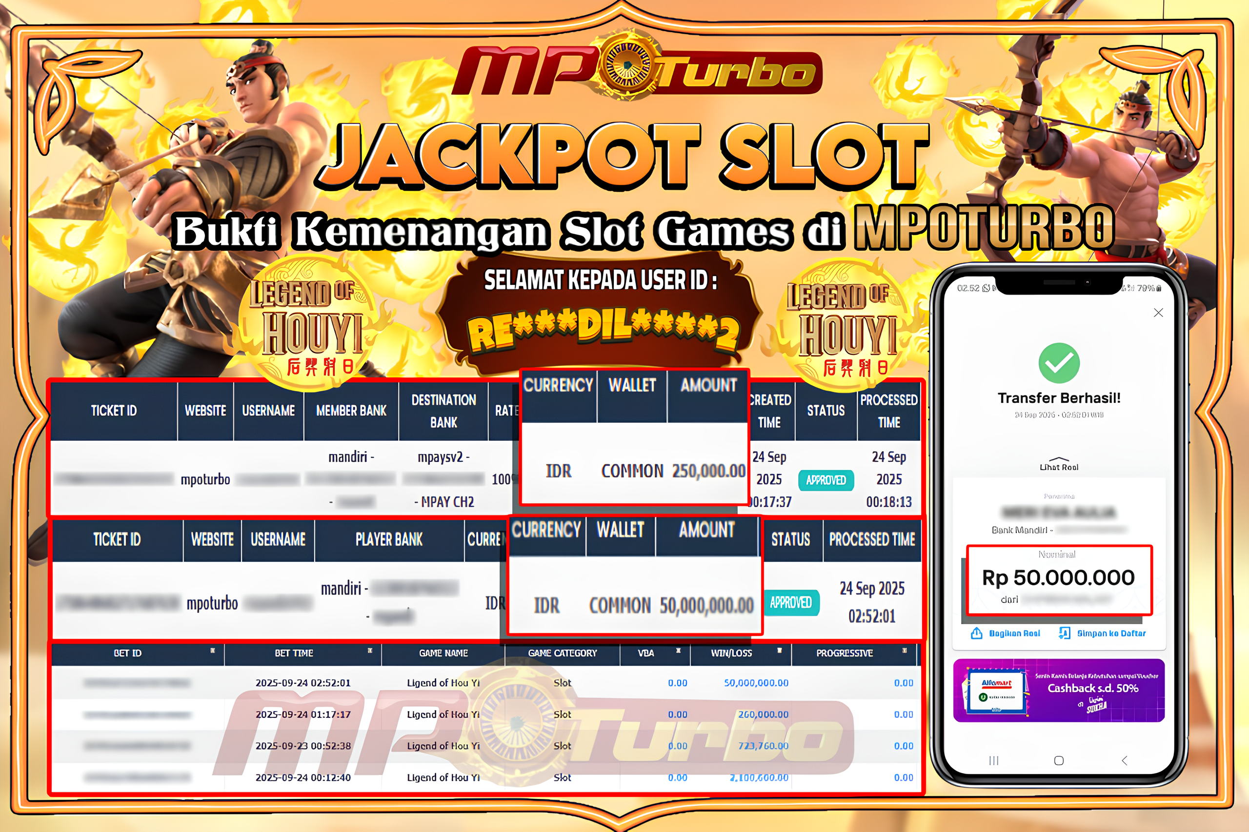 MPOTURBO JACKPOT SLOT LEGEND OF HOU YI- PG SOFT Rp 50,000,000.00,- LUNAS